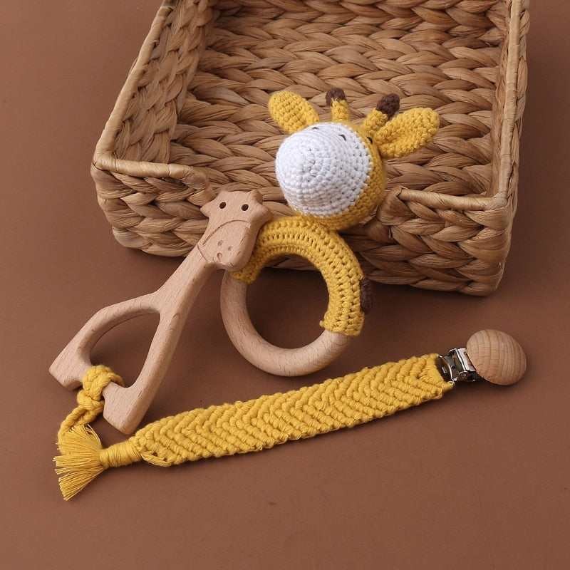 Crochet teether, pacifier clip and rattle set