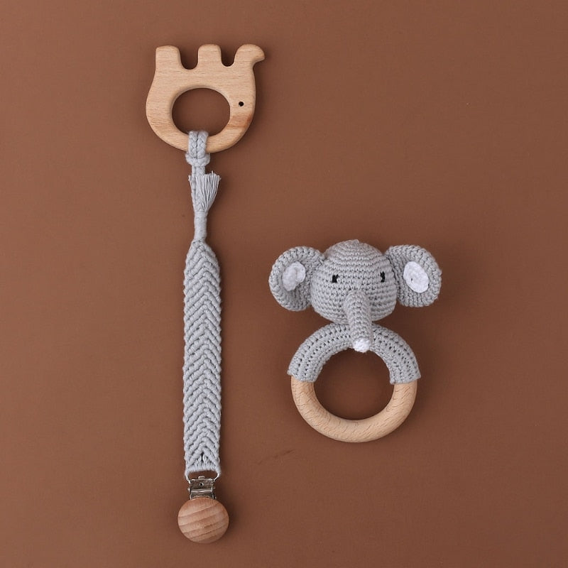 Crochet teether, pacifier clip and rattle set