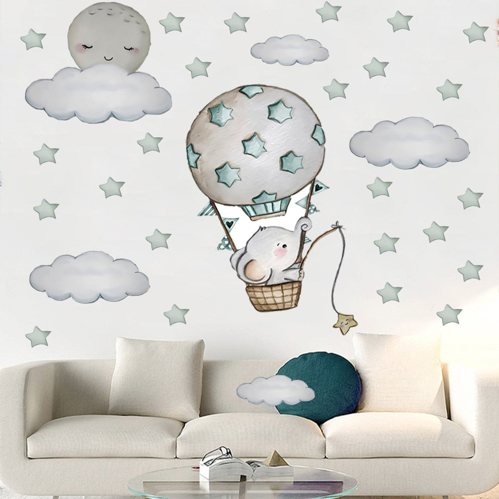 Hot Air Balloon with Cloud Moon Stars Baby Elephant Wall Sticker