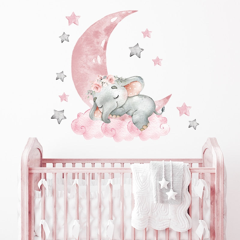 Pink Baby Elephant on Moon Wall Decal