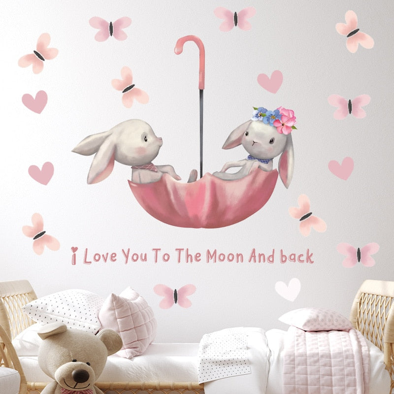 Cute Bunnies In Pink Umbrella Wall Decal