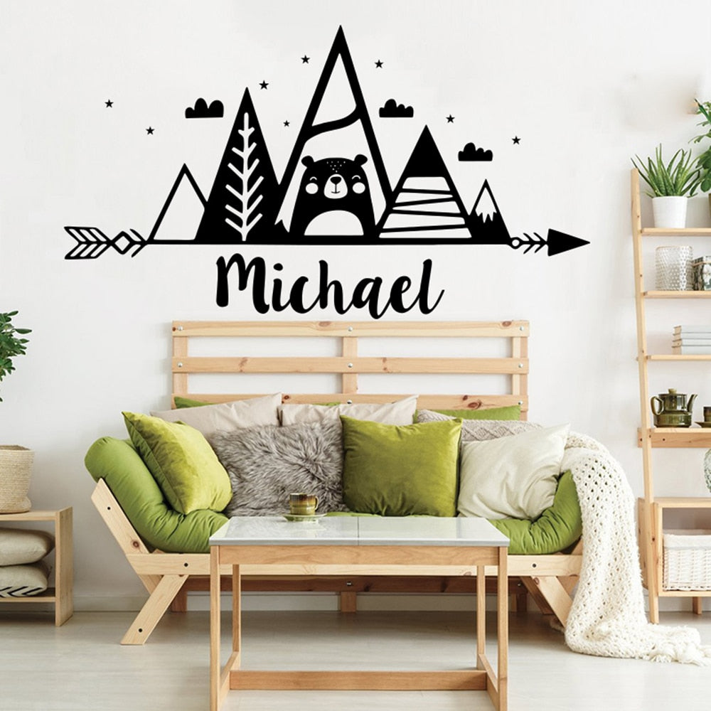 Personalised Name Nordic Bear & Mountain Wall Decals
